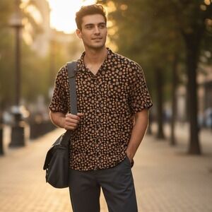 Monument Halloween Spider Web Large Short Sleeve Button‎ Down Shirt Orange Black